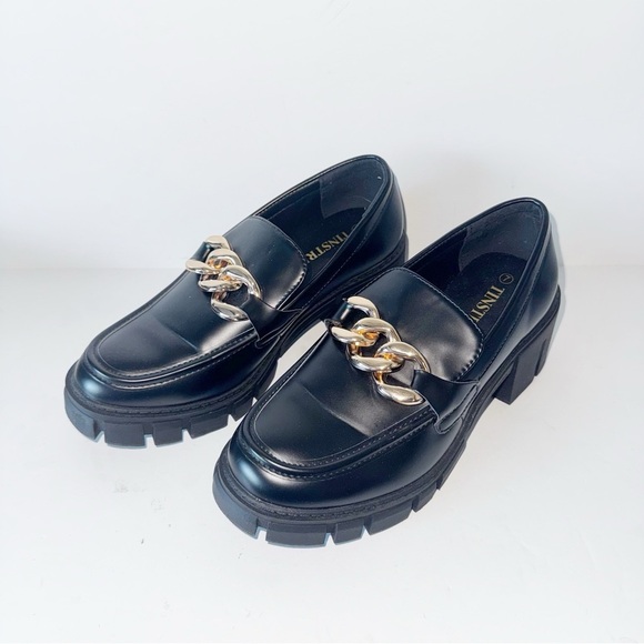 TINSTREE Platform Black Loafers Chain Sz 7 Chunky Heel Slip On Round Toe Shoes - Picture 6 of 14